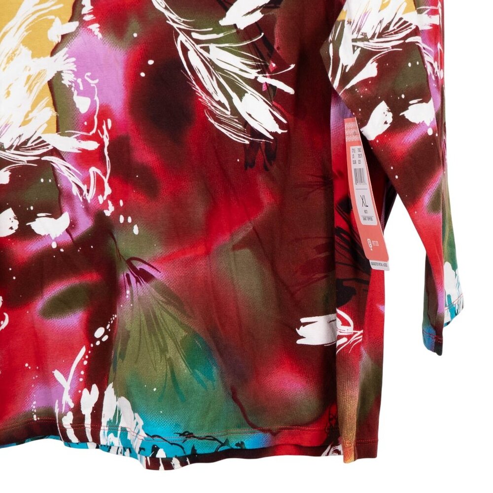 Boho Abstract Shirt XL Bright VNeck Red Yellow Stretch Fairy Festival Whimsy - Picture 3 of 6